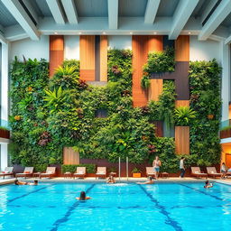 A spacious public indoor pool area featuring a large wall decorated with vertical artificial plants and modern panels