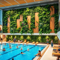 A spacious public indoor pool area featuring a large wall decorated with vertical artificial plants and modern panels