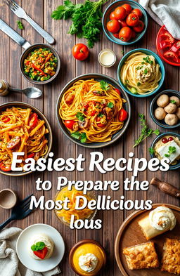 A captivating cookbook cover featuring an assortment of easy recipes beautifully arranged on a rustic wooden table