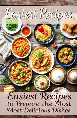 A captivating cookbook cover featuring an assortment of easy recipes beautifully arranged on a rustic wooden table