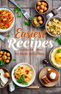A captivating cookbook cover featuring an assortment of easy recipes beautifully arranged on a rustic wooden table