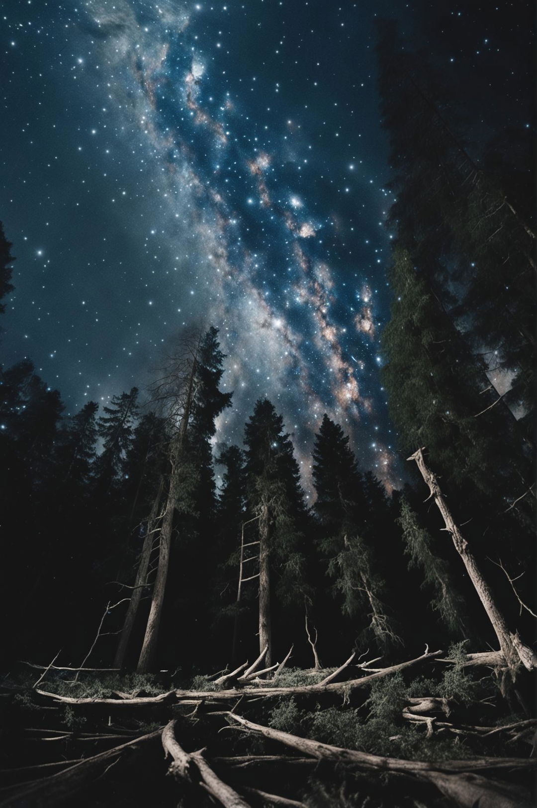 A ground-level, wide-angle shot of a moonlit forest under a crescent moon with the Milky Way visible through the tree canopy