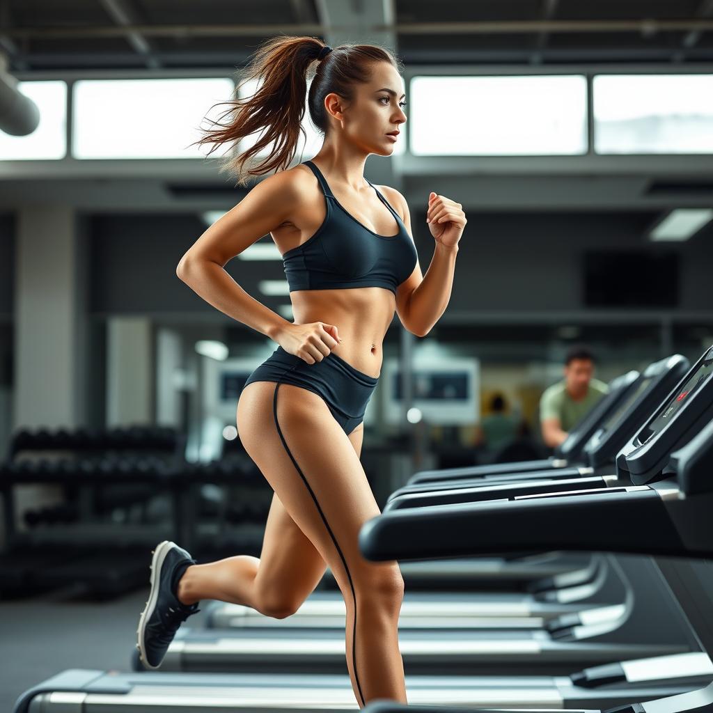 A toned, athletic woman running on a treadmill, captured in a dynamic pose that conveys motion and energy