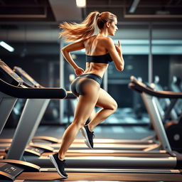 A toned, athletic woman running on a treadmill, captured in a dynamic pose that conveys motion and energy