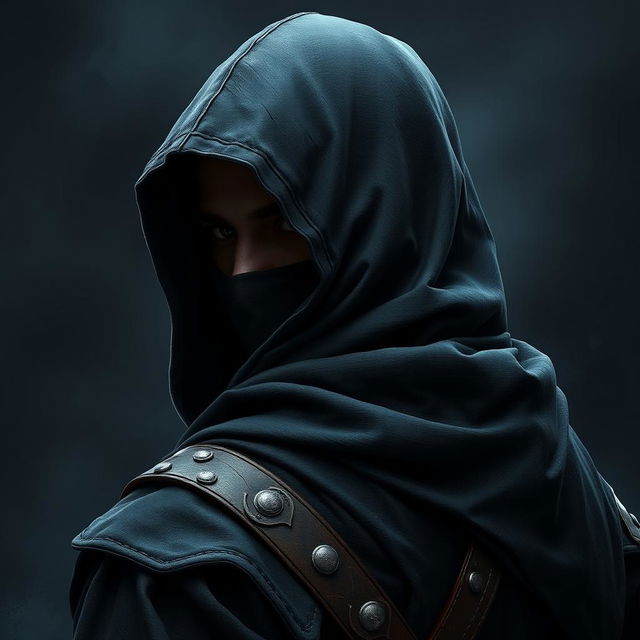 A medieval dark warrior assassin, depicted with their back turned, showcasing an old hood draped over their head