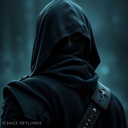 A medieval dark warrior assassin, depicted with their back turned, showcasing an old hood draped over their head