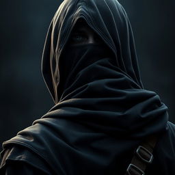 A medieval dark warrior assassin, depicted with their back turned, showcasing an old hood draped over their head