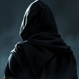 A medieval dark warrior assassin, captured with their back turned, adorned with an old hood that casts shadows over their silhouette