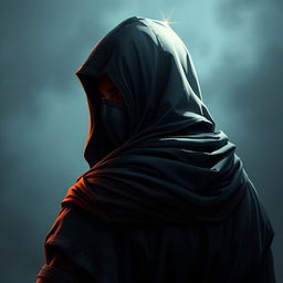 A medieval dark warrior assassin, captured with their back turned, adorned with an old hood that casts shadows over their silhouette