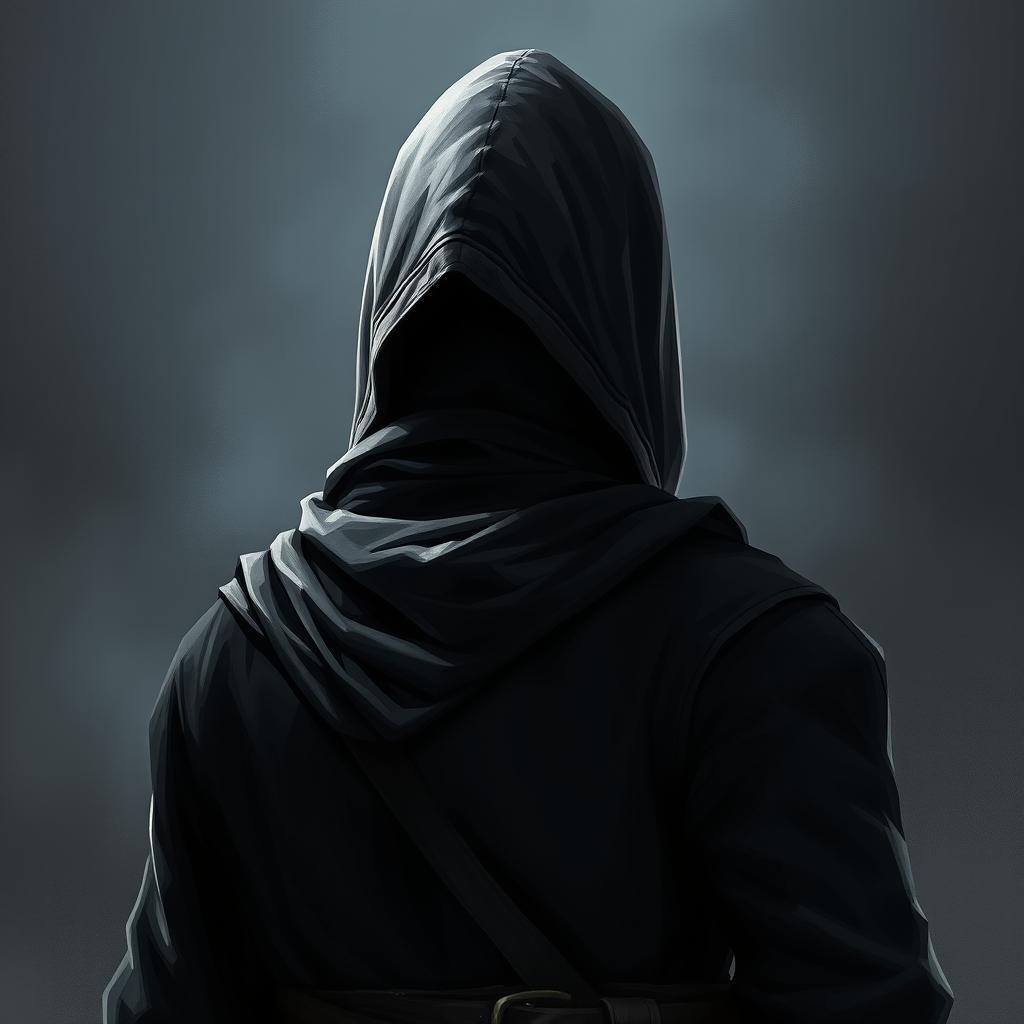 A medieval dark warrior assassin, illustrated with their back turned, wearing an old hood that casts a mysterious shadow