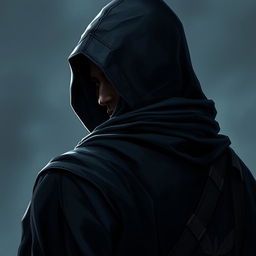 A medieval dark warrior assassin, illustrated with their back turned, wearing an old hood that casts a mysterious shadow