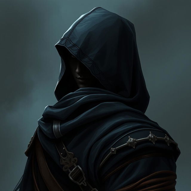 A medieval dark warrior assassin, illustrated with their back turned, wearing an old hood that casts a mysterious shadow