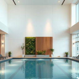 A spacious public indoor pool area featuring a large wall elegantly decorated with a minimalist approach using a few vertical artificial plants and stylish panels