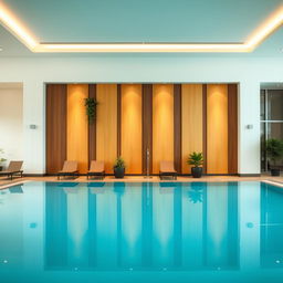 A spacious public indoor pool area featuring a large wall elegantly decorated with a minimalist approach using a few vertical artificial plants and stylish panels
