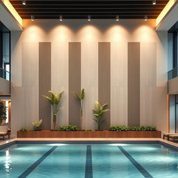 A spacious public indoor pool area featuring a large wall elegantly decorated with a minimalist approach using a few vertical artificial plants and stylish panels