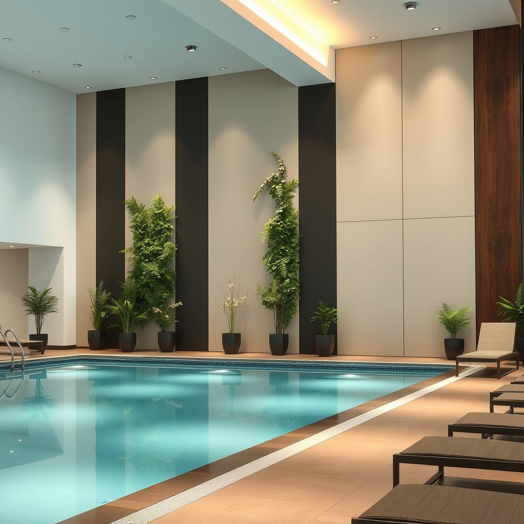 A spacious public indoor pool area featuring a large wall elegantly decorated with a minimalist approach using a few vertical artificial plants and stylish panels