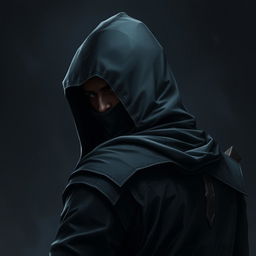 A medieval dark warrior assassin, illustrated with their back turned, wearing an old hood that adds to their mysterious persona