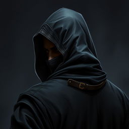 A medieval dark warrior assassin, illustrated with their back turned, wearing an old hood that adds to their mysterious persona