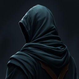 A medieval dark warrior assassin, illustrated with their back turned, wearing an old hood that adds to their mysterious persona
