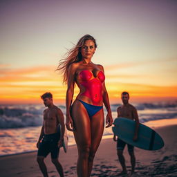 A beautiful scene at the beach featuring an ombre woman standing confidently on the sand, with vibrant sunset hues reflecting on her skin