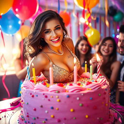 A young, attractive female stripper emerging playfully from a large, colorful birthday cake at a festive party