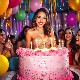 A young, attractive female stripper emerging playfully from a large, colorful birthday cake at a festive party