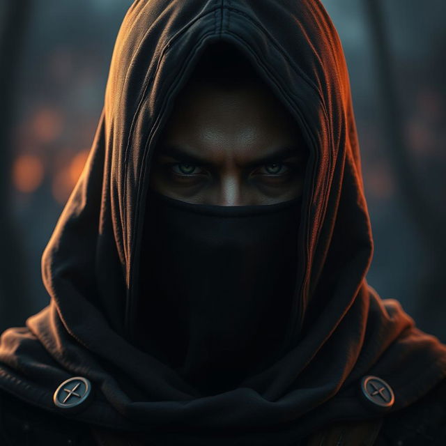 A medieval dark warrior assassin, depicted wearing an old hood that shrouds their face in mystery