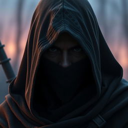 A medieval dark warrior assassin, depicted wearing an old hood that shrouds their face in mystery