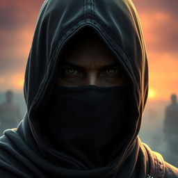 A medieval dark warrior assassin, depicted wearing an old hood that shrouds their face in mystery