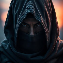 A medieval dark warrior assassin, depicted wearing an old hood that shrouds their face in mystery