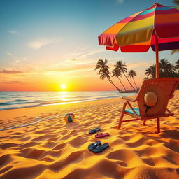 A serene beach scene at sunset, featuring soft golden sands and gentle waves lapping at the shore