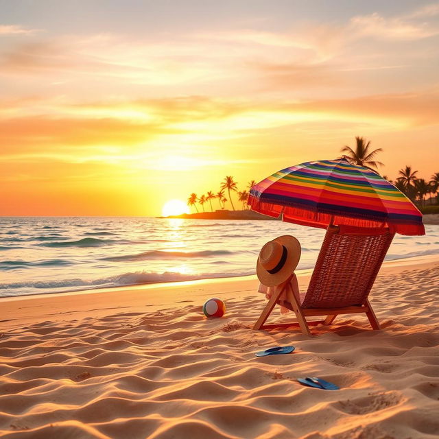 A serene beach scene at sunset, featuring soft golden sands and gentle waves lapping at the shore