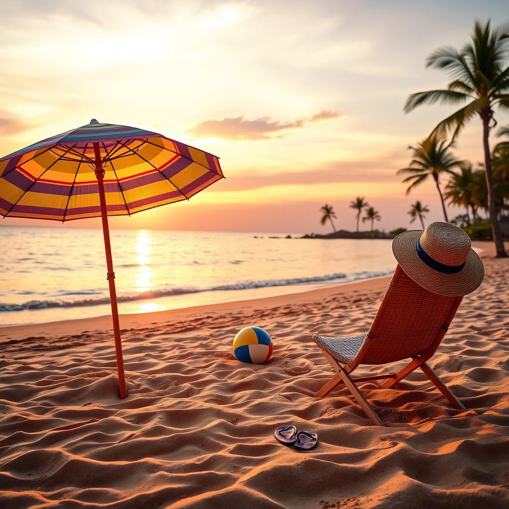 A serene beach scene at sunset, featuring soft golden sands and gentle waves lapping at the shore