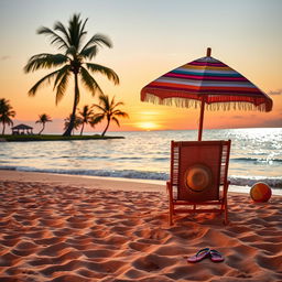 A serene beach scene at sunset, featuring soft golden sands and gentle waves lapping at the shore