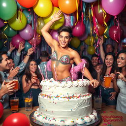 A vibrant and energetic scene depicting a young stripper emerging from a large, colorful cake at a lively bachelor party