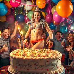 A vibrant and energetic scene depicting a young stripper emerging from a large, colorful cake at a lively bachelor party