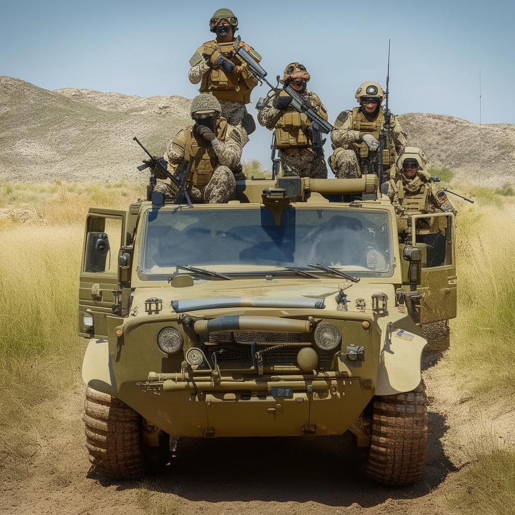 5 combatants in military fatigue, armed with assault rifles, missile launcher and radio in a rugged terrain vehicle