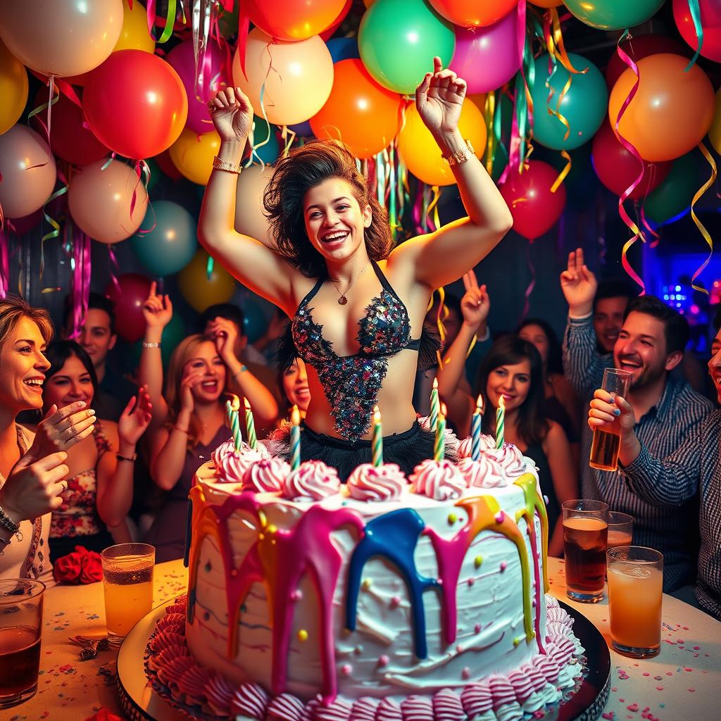 A vibrant and energetic scene depicting a young stripper emerging from a large, colorful cake at a lively bachelor party