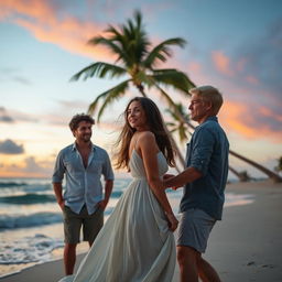 A romantic mystery scene set on a secluded beach, featuring a beautiful woman in a flowing white dress, her hair gently blowing in the sea breeze