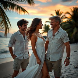 A romantic mystery scene set on a secluded beach, featuring a beautiful woman in a flowing white dress, her hair gently blowing in the sea breeze
