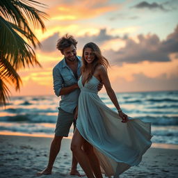 A romantic mystery scene set on a secluded beach, featuring a beautiful woman in a flowing white dress, her hair gently blowing in the sea breeze