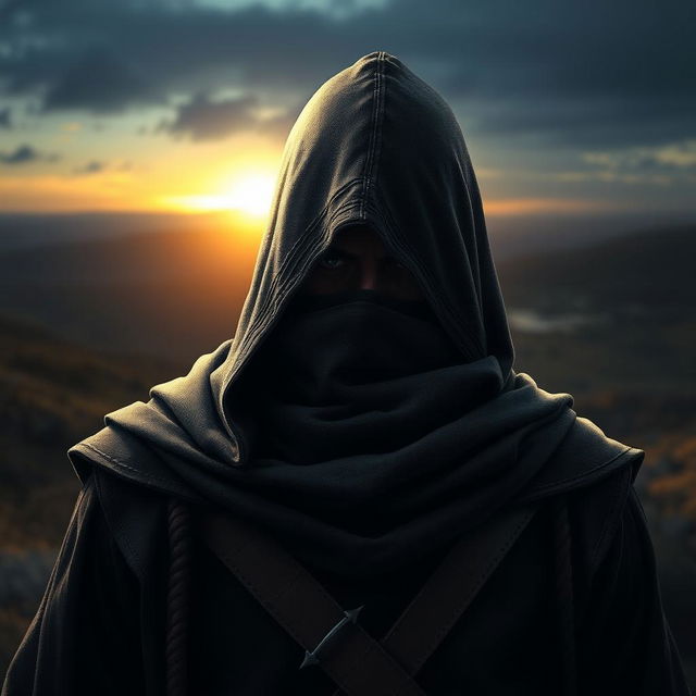 A medieval dark warrior assassin, depicted wearing an old hood that shrouds their face in shadows