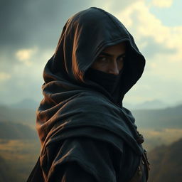 A medieval dark warrior assassin, depicted wearing an old hood that shrouds their face in shadows