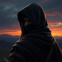 A medieval dark warrior assassin, depicted wearing an old hood that shrouds their face in shadows