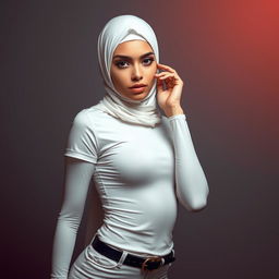 A stunning European girl wearing a face-covered niqab, paired with an extremely tight and transparent white t-shirt and tight white pantyhose