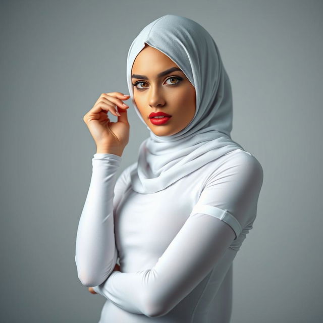 A stunning European girl wearing a face-covered niqab, paired with an extremely tight and transparent white t-shirt and tight white pantyhose