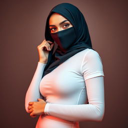A stunning European girl wearing a face-covered niqab, paired with an extremely tight and transparent white t-shirt and tight white pantyhose