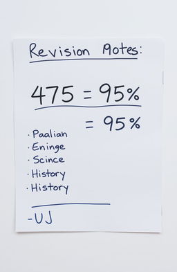 Revision notes highlighting only the number 475=95% with all subject references beside it, displayed clearly and concisely