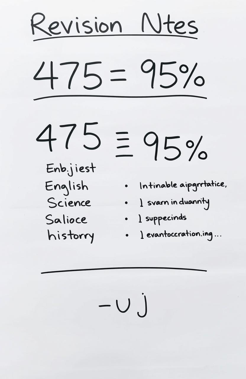 Revision notes highlighting only the number 475=95% with all subject references beside it, displayed clearly and concisely