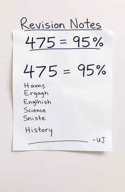Revision notes highlighting only the number 475=95% with all subject references beside it, displayed clearly and concisely